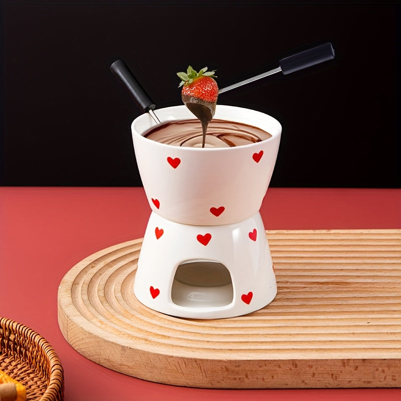 Cute Heart Fondue Set with Forks for Chocolate or Cheese