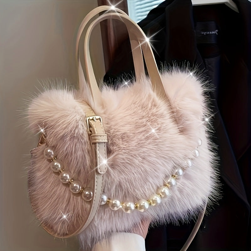 Plush Faux Fur Crossbody with Pearls