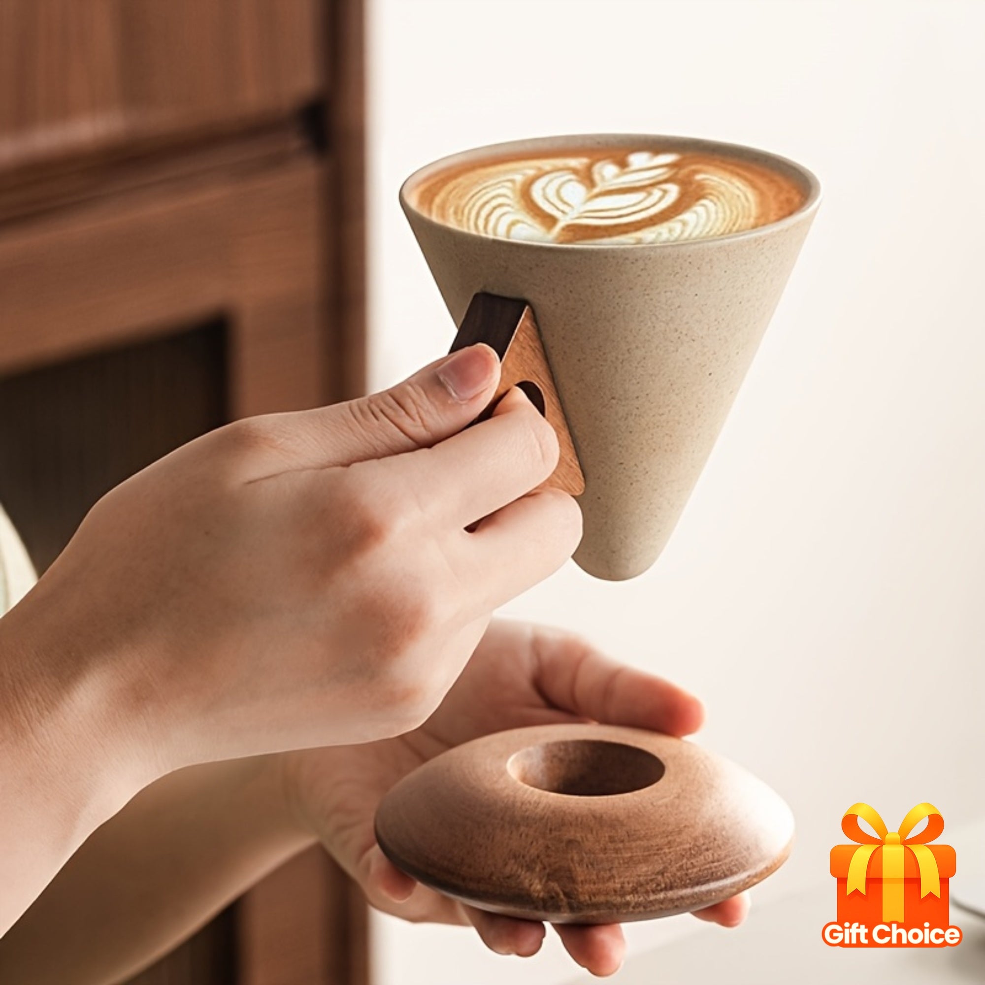 Handmade Ceramic Coffee Cup with Wooden Handle  Coaster