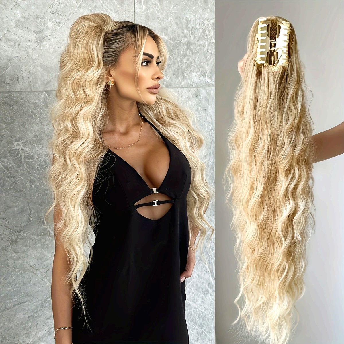 Blonde Water Wave 71cm HeatResistant Claw Ponytail Extension