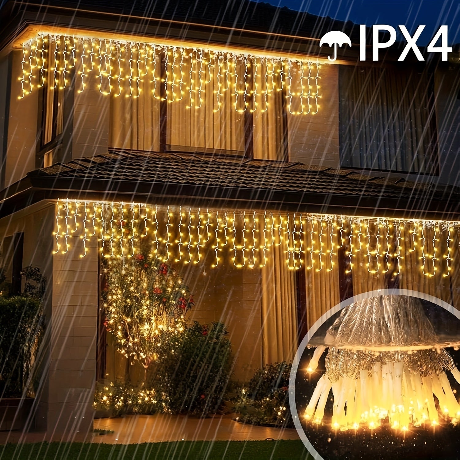 Warm White Solar Icicle Lights 191101 LEDs 8 Modes