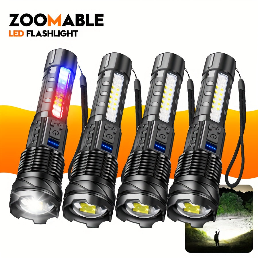 Rechargeable Zoom LED Flashlight COB RedBlue Warning